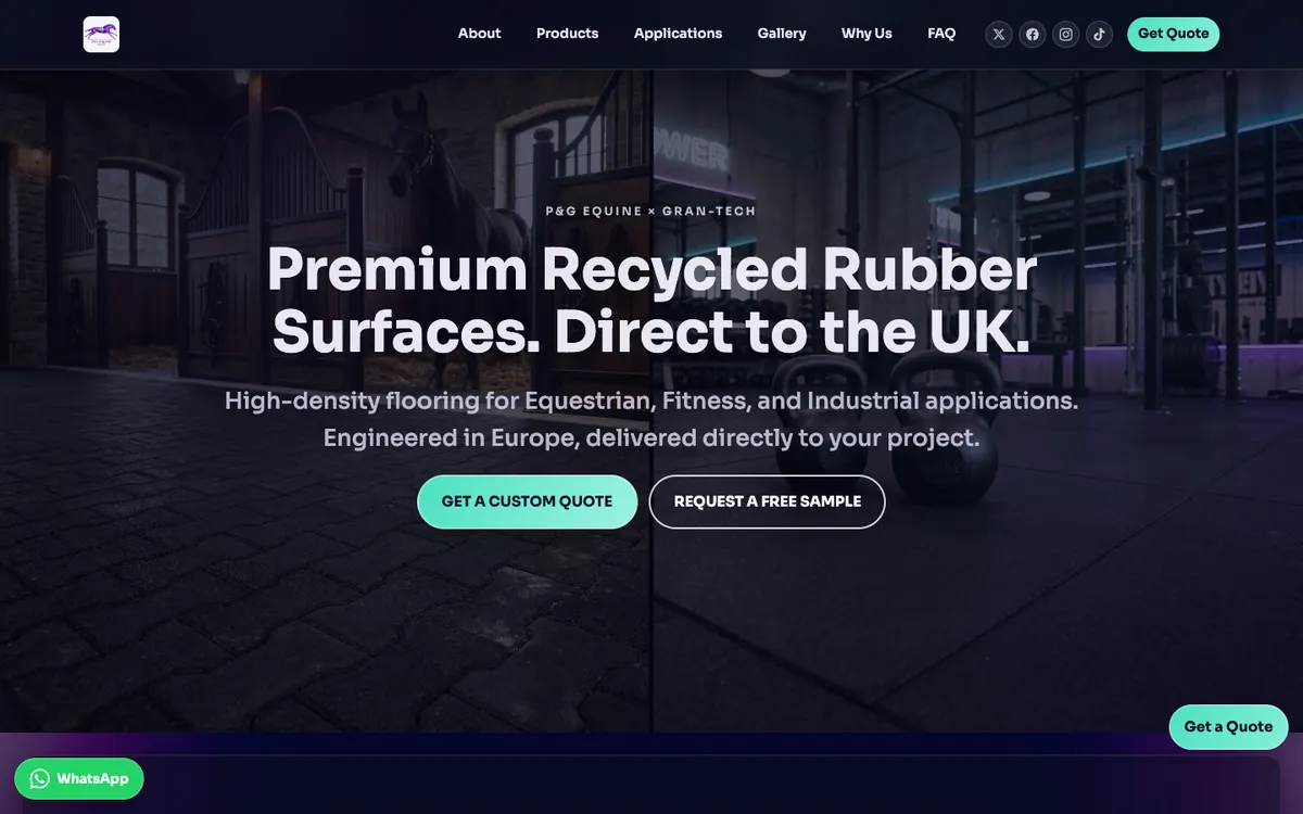 Homepage preview of the P&G Equine recycled rubber surfaces website